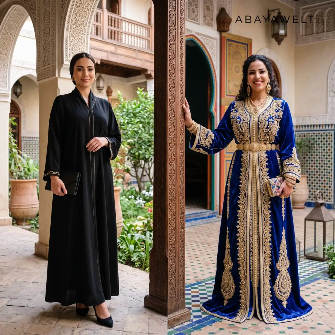 Abaya und Kaftan im Vergleich – schwarze Abaya neben blauem Kaftan