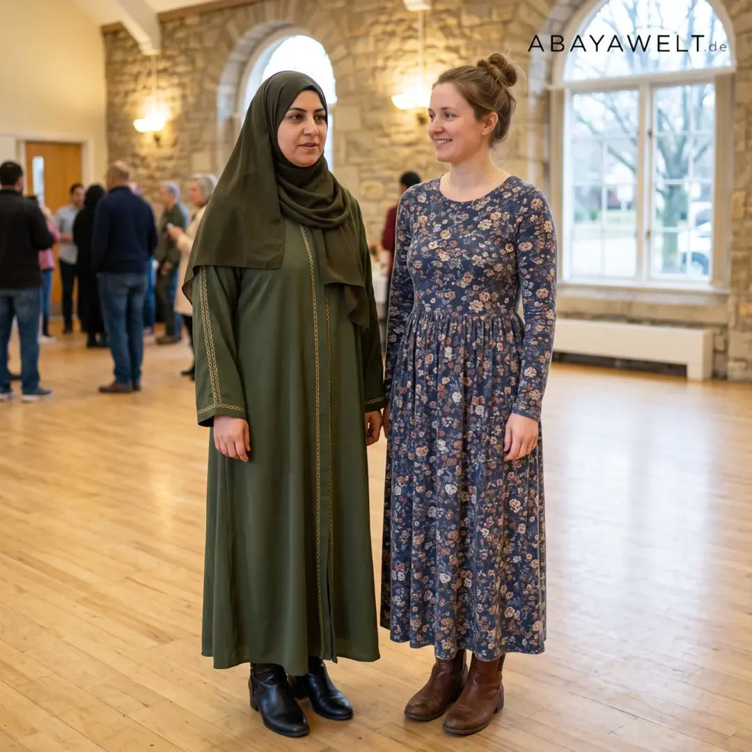 Abaya und Kleid im Vergleich – grüne Abaya neben langem Kleid