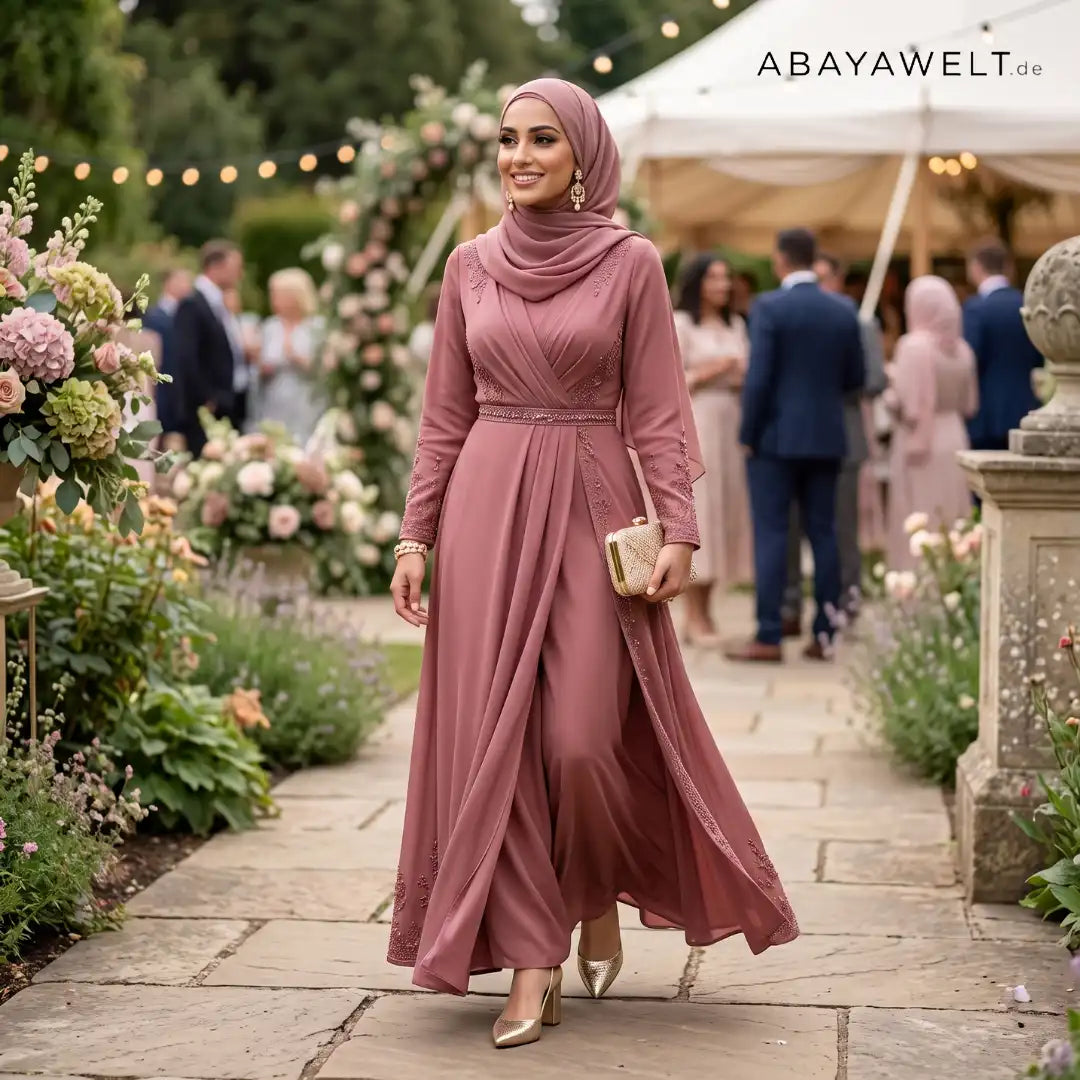 Frau in rosafarbener Abaya als Hochzeitsgast bei einer eleganten Gartenhochzeit