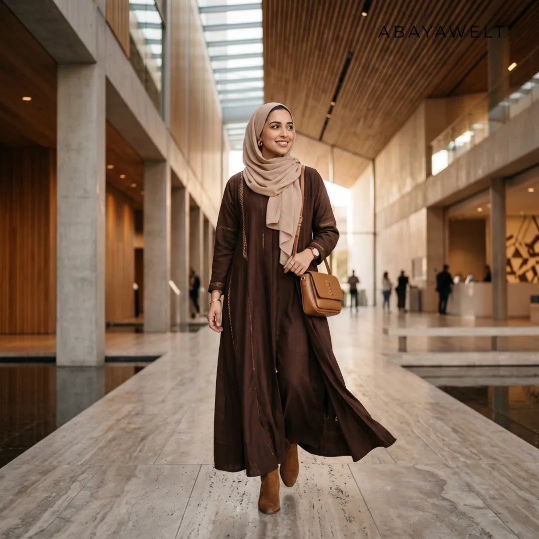 Frau in brauner Abaya mit beigem Hijab und brauner Handtasche