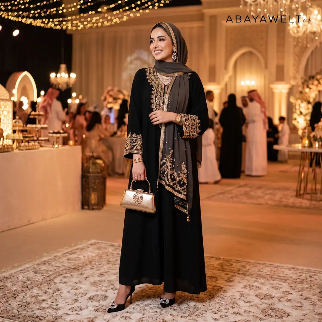 Elegante schwarze Eid Abaya mit goldener Stickerei bei einer festlichen Feier