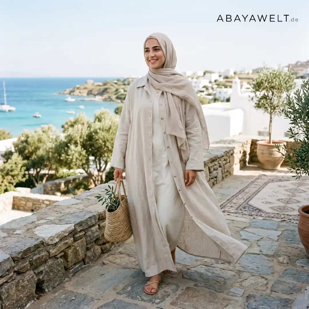 Frau in heller Leinen Abaya mit Hijab in sommerlicher Küstenlandschaft