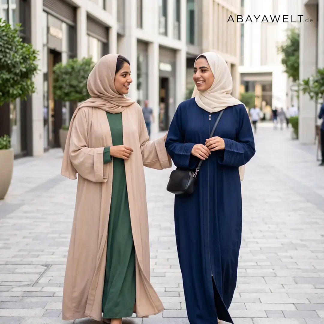 Offene und geschlossene Abaya im Vergleich – zwei Frauen in Abayas