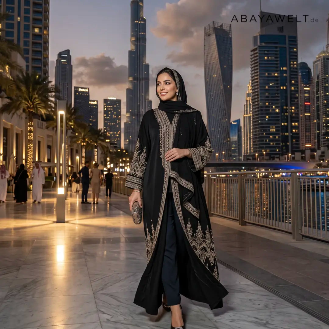 Elegante schwarze Dubai Abaya mit Stickerei vor der Dubai Skyline