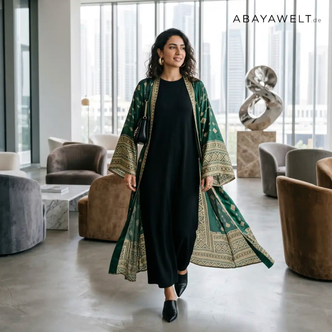 Grüne Kimono Abaya offen über schwarzem Kleid getragen