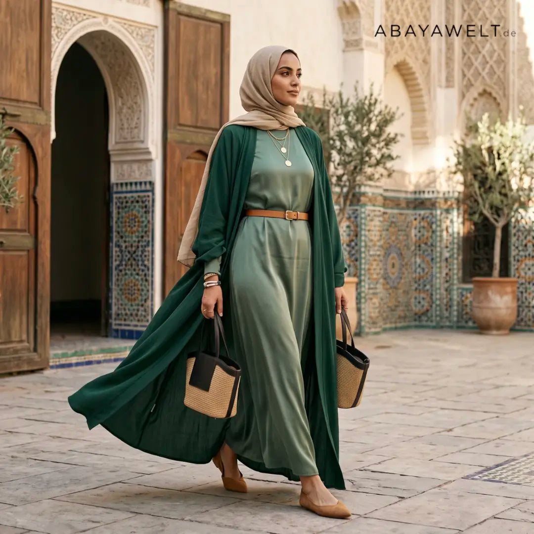 Offene grüne Abaya über einem Kleid im Layering-Look