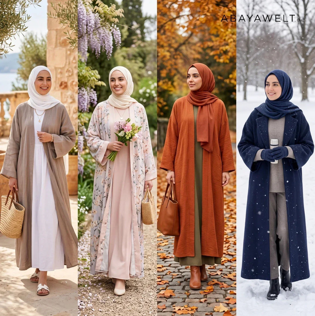 Vier Abaya-Outfits für Frühling, Sommer, Herbst und Winter