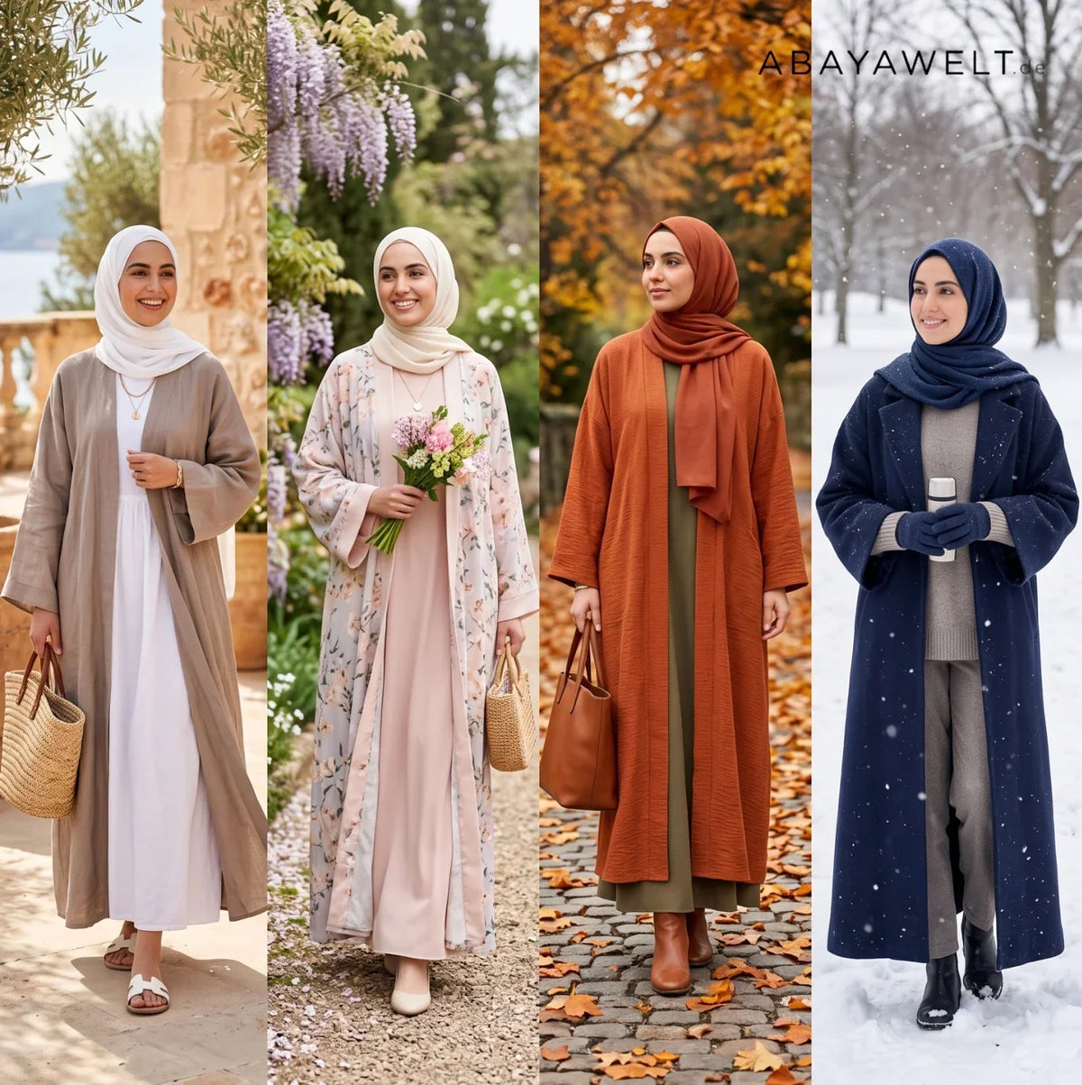Verschiedene Abaya-Stoffe in Grau, Grün, Rosa, Taupe und Beige