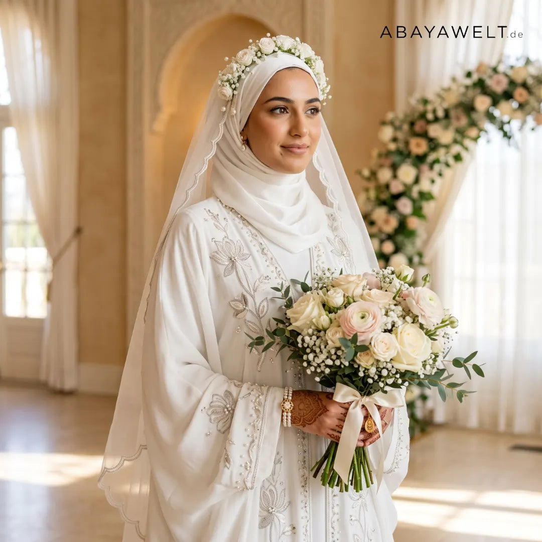 Braut in weißer Abaya mit Hijab und Blumenstrauß bei einer Nikah-Hochzeit