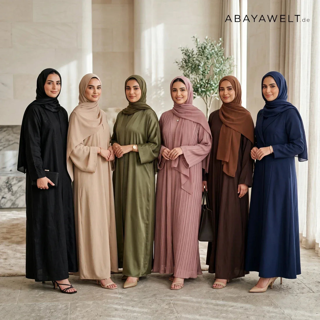 Frau in altrosa Abaya mit passendem Hijab als Beispiel für Abaya-Farbwahl