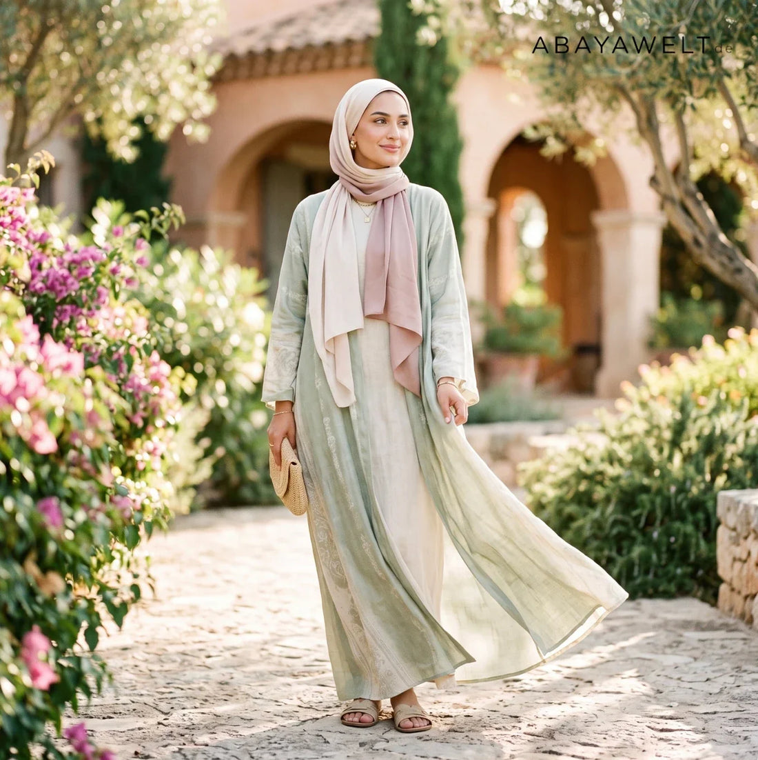 Frau in leichter hellgrüner Sommer-Abaya mit Hijab im Freien