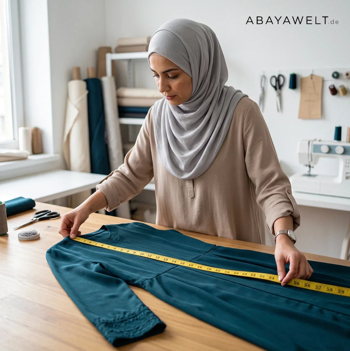 Frau misst eine petrolfarbene Abaya mit Maßband auf einem Arbeitstisch