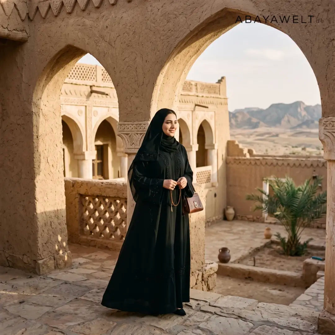 Schwarze Abaya in traditioneller arabischer Architektur – Ursprung der Abaya