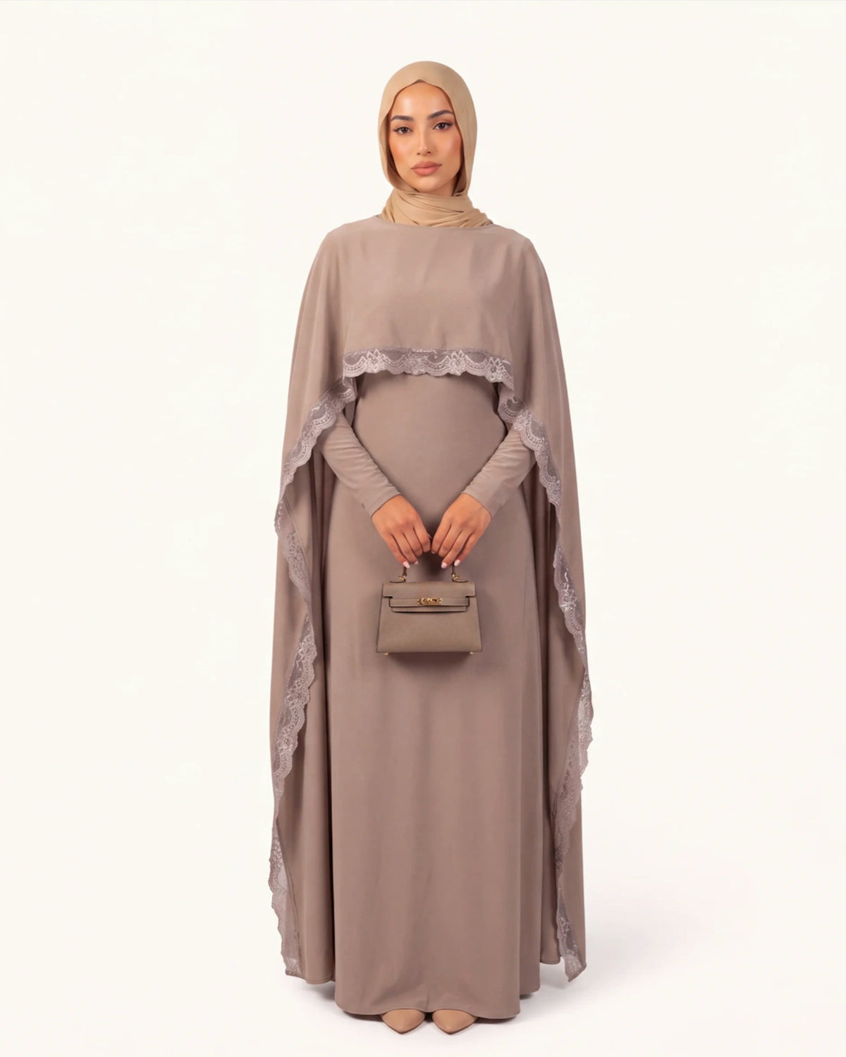 Amira Lace Abaya Set in Beige – elegante Damen Abaya mit Spitzen-Cape