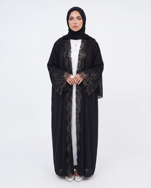 Amira Lace Kimono Abaya Set in Schwarz – offene Abaya mit eleganter Spitze