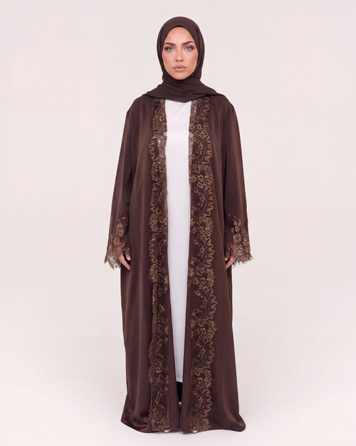 Amira Lace Kimono Abaya Set in Braun – offener Kimono-Stil mit Spitzenbesatz