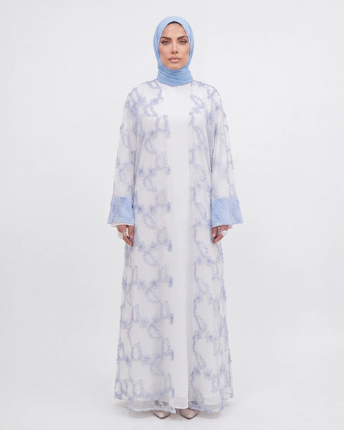 Ayla Floral Abaya in Blau – 3-teiliges Set mit floraler Stickerei
