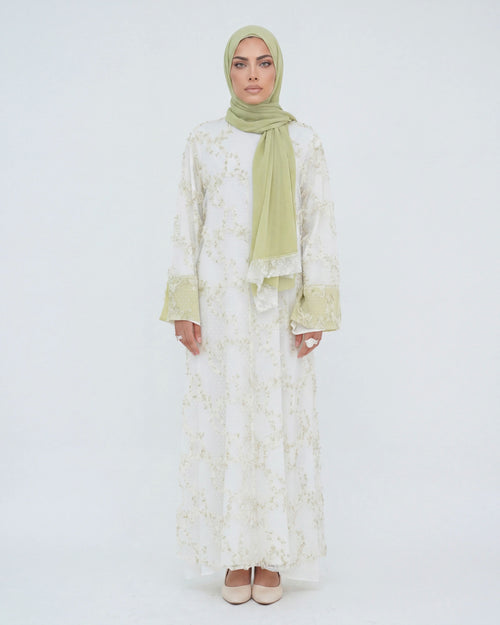 Ayla Floral Abaya in Grün – offene Abaya mit floraler Stickerei