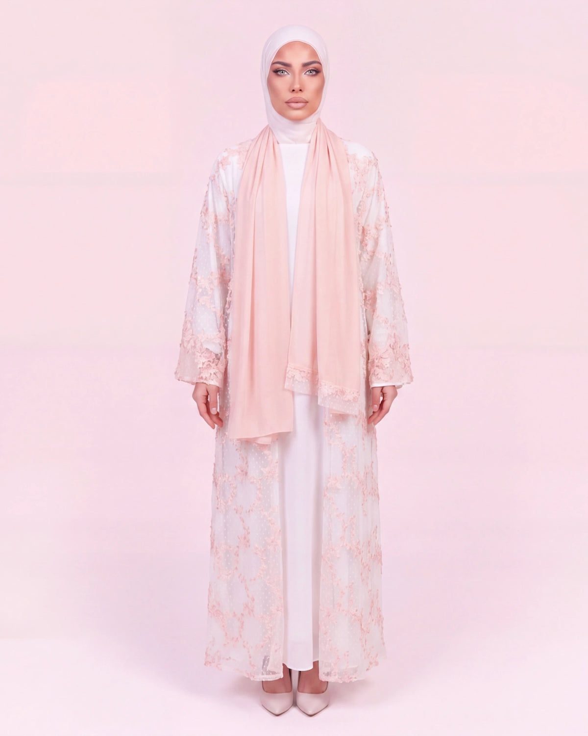 Ayla Floral Abaya in Rosa – 3-teiliges Abaya Set mit floraler Stickerei
