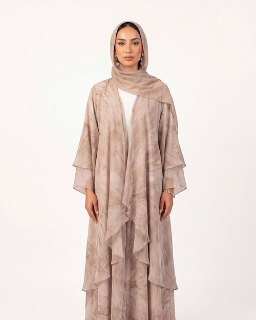 Liyana Marble Abaya in Beige – offene Abaya mit Marmor-Print und passendem Kopftuch