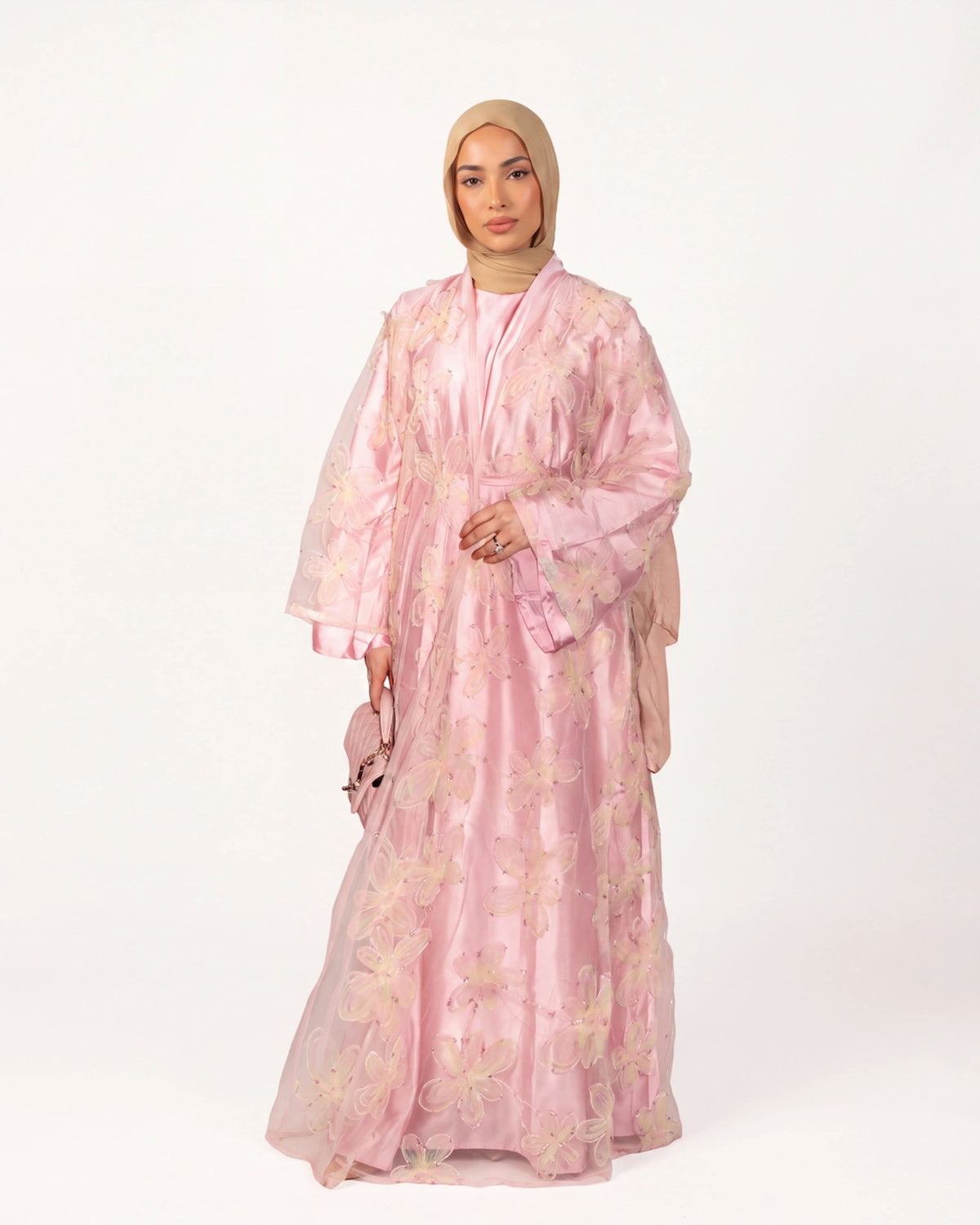 Zahra Bloom Abaya in Rosa – festliche Abaya mit transparenter floraler Stickerei